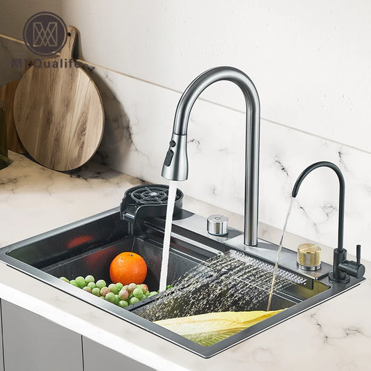 304 Stainless Steel Waterfall Kitchen Sink, Large Single Basin, Integrated 60x45cm, Faucet Set with Cup Washer and 3-Way Pull-Out Sprayer Head