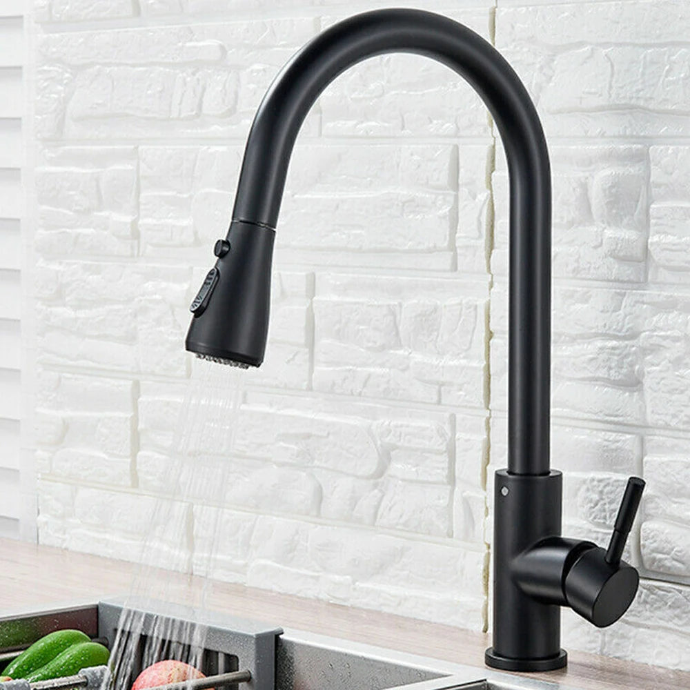 Black Pull-Out Kitchen Sink Faucet with Deck Mount, Stream and Spray Modes, Hot and Cold Mixer Tap for Kitchen and Bathroom