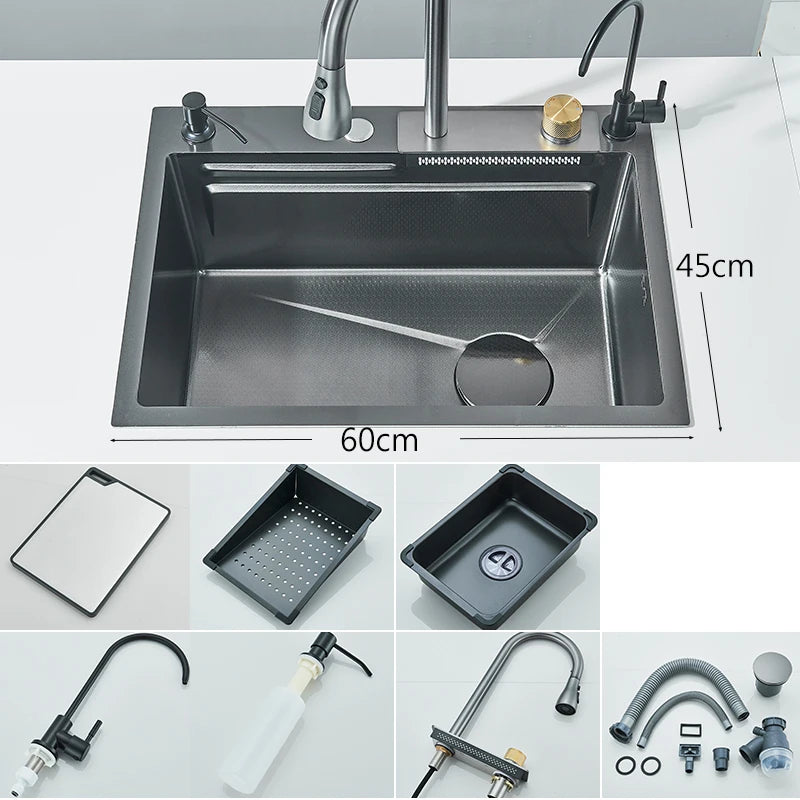 304 Stainless Steel Waterfall Kitchen Sink, Large Single Basin, Integrated 60x45cm, Faucet Set with Cup Washer and 3-Way Pull-Out Sprayer Head