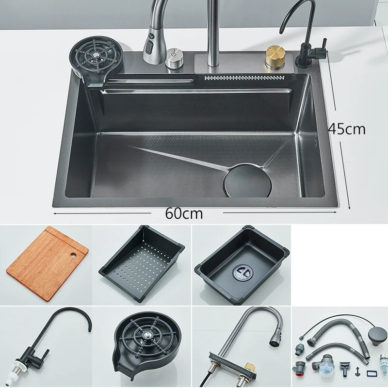 304 Stainless Steel Waterfall Kitchen Sink, Large Single Basin, Integrated 60x45cm, Faucet Set with Cup Washer and 3-Way Pull-Out Sprayer Head