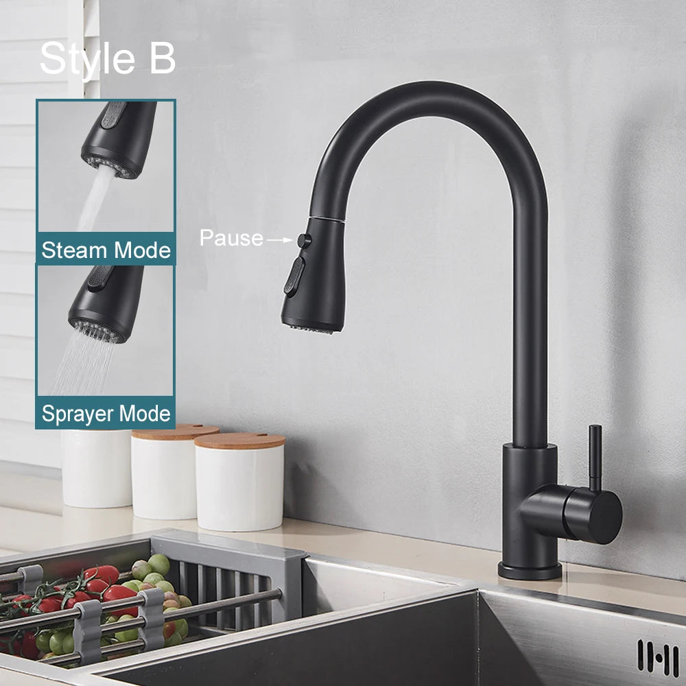 Black Pull-Out Kitchen Sink Faucet with Deck Mount, Stream and Spray Modes, Hot and Cold Mixer Tap for Kitchen and Bathroom