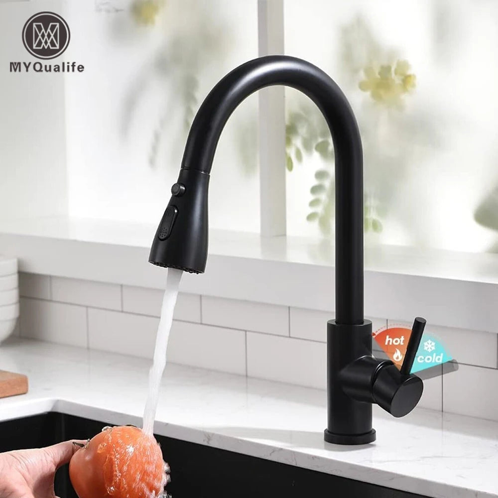 Black Pull-Out Kitchen Sink Faucet with Deck Mount, Stream and Spray Modes, Hot and Cold Mixer Tap for Kitchen and Bathroom