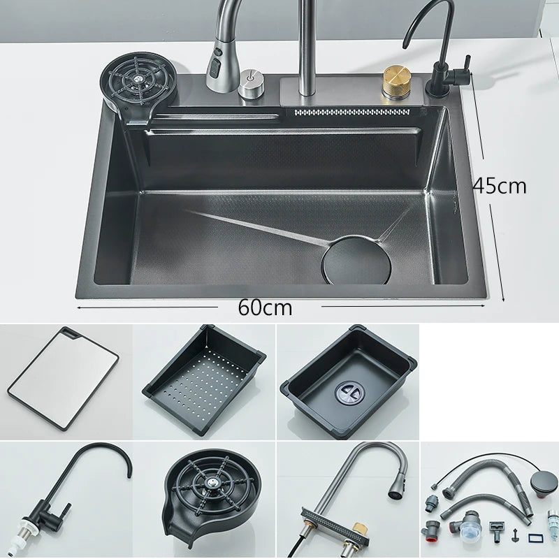 304 Stainless Steel Waterfall Kitchen Sink, Large Single Basin, Integrated 60x45cm, Faucet Set with Cup Washer and 3-Way Pull-Out Sprayer Head