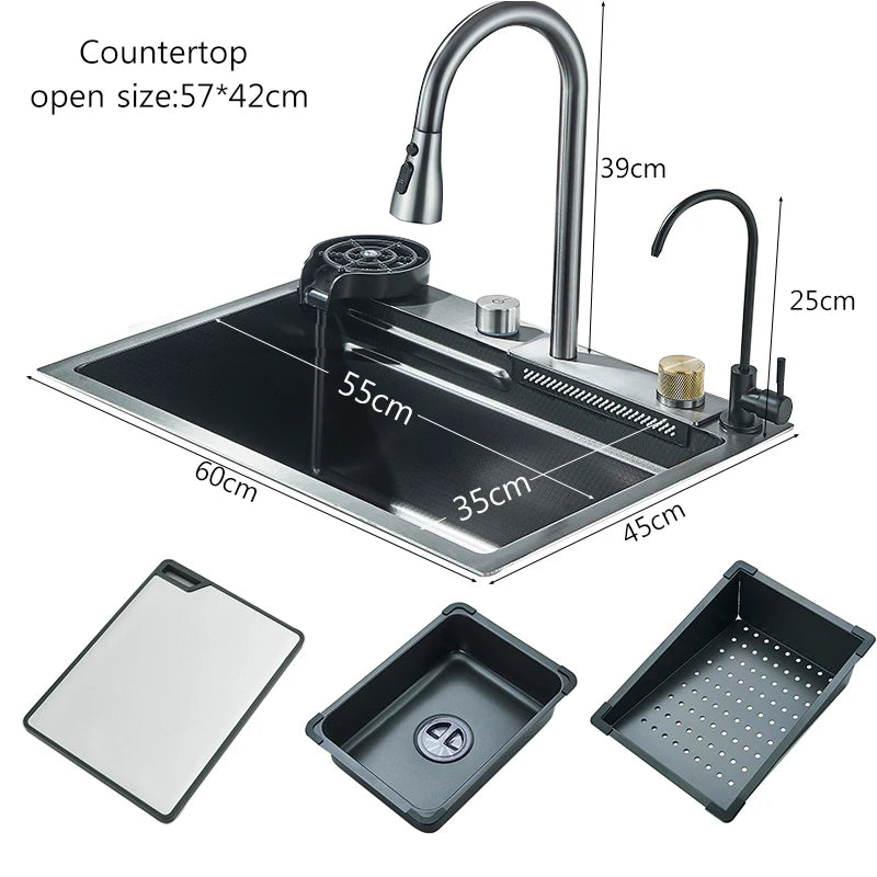 304 Stainless Steel Waterfall Kitchen Sink, Large Single Basin, Integrated 60x45cm, Faucet Set with Cup Washer and 3-Way Pull-Out Sprayer Head