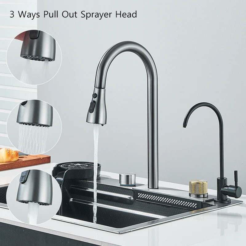 304 Stainless Steel Waterfall Kitchen Sink, Large Single Basin, Integrated 60x45cm, Faucet Set with Cup Washer and 3-Way Pull-Out Sprayer Head